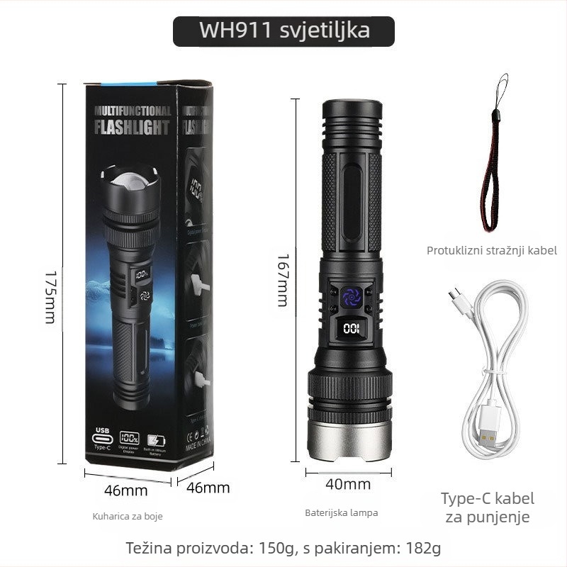 LED baterijska svjetiljka, 10W, 1800 mAh, vodootporna, digitalni zaslon, optički zum
