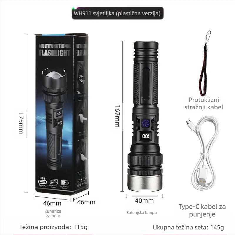 LED baterijska svjetiljka, 10W, 1800 mAh, vodootporna, digitalni zaslon, optički zum
