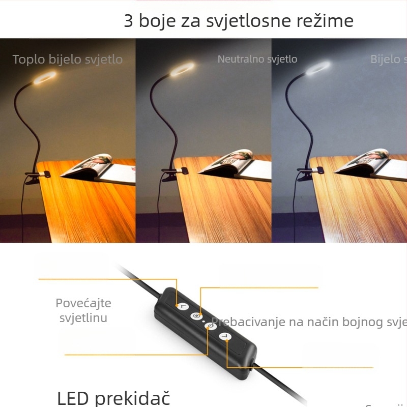 LED stolna lampica s klipom za zaštitu očiju, daljinsko upravljanje, USB napajanje, noćna rasvjeta, metalna sjenila, moderni minimalistički dizajn, CE certifikat