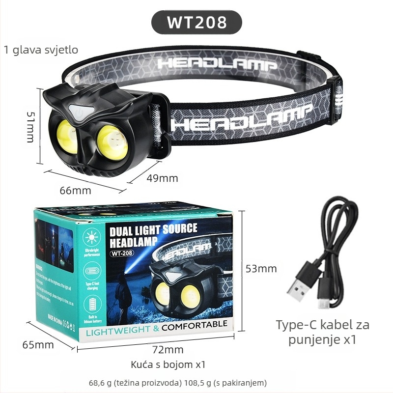 LED čelna svjetiljka, 10W, baterija 1200mAh, ručno punjenje, domet 100–200 m