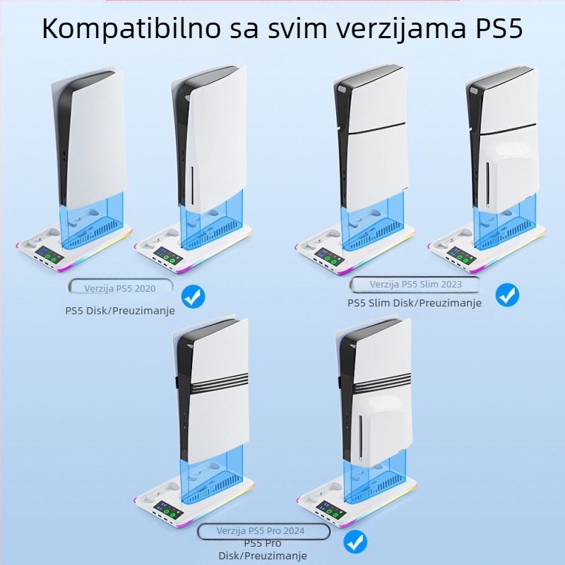 PS5 baza za hlađenje s RGB osvjetljenjem i dockingom za punjenje kontrolera, držač za slušalice, kompatibilna s PS5, PS5 Slim i PS5 Pro