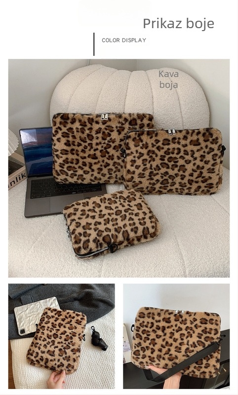 Pliš torbica za prijenosno računalo s leopard printom, za žene, ulični stil, podstava od poliestera