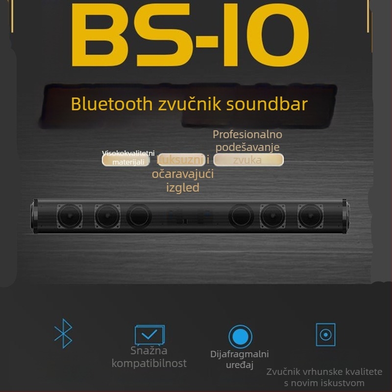 BS10 Dugi zvučni bar Bluetooth 5.0 sa dubokim basom, RCA ulaz za TV, ugrađena 2000 mAh baterija, USB napajanje, doseg 15 m
