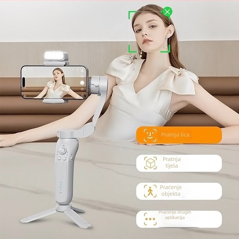 Stabilizator za mobitel s 3-osićnim gimbalom i pametnim praćenjem lica, lagana ručna stabilizacija, ABS+PC tijelo, kompatibilan s Androidom/iOS-om, horizontalno 340° i vertikalno 160° rotacije, težina 348 g