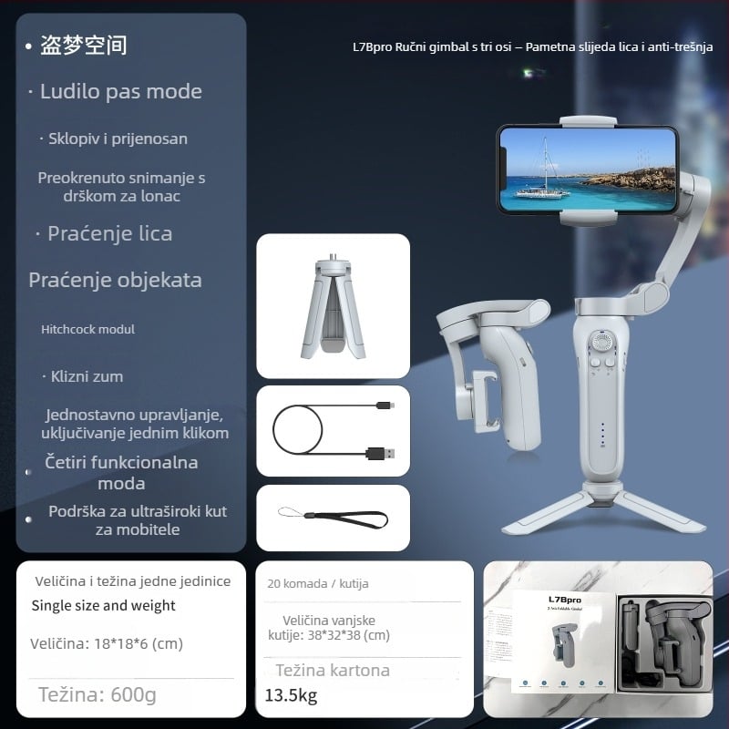 Stabilizator za mobitel s 3-osićnim gimbalom i pametnim praćenjem lica, lagana ručna stabilizacija, ABS+PC tijelo, kompatibilan s Androidom/iOS-om, horizontalno 340° i vertikalno 160° rotacije, težina 348 g