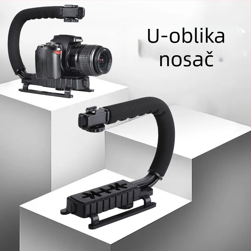 U-oblika prijenosni stabilizator kamere s LED rasvjetom za mobitel; 2W LED, 6500K, 3V napajanje, jačina svjetla se može prilagoditi