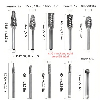 Set od 10 komada burr-a od volframskog karbida, dvostruko rezanje, tvrdi karbid, za rotacijske alate