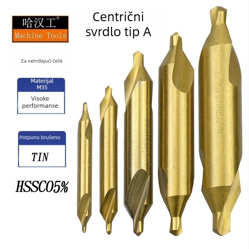 M35 kobaltom sadržan titan premazan centar vrtaljka, tip A, potpuno oštra, bez zaštite, Ø1.5–5 mm
