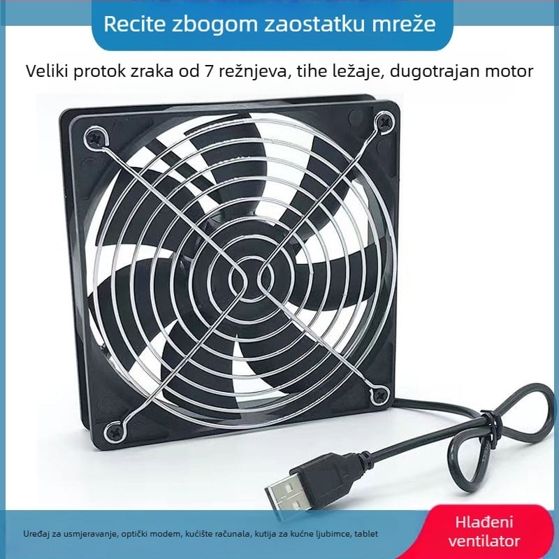 Stalak za hlađenje USB usmjerivača — hlađenje ventilatorom, 5V, model 12025, duljina kabla 95 cm