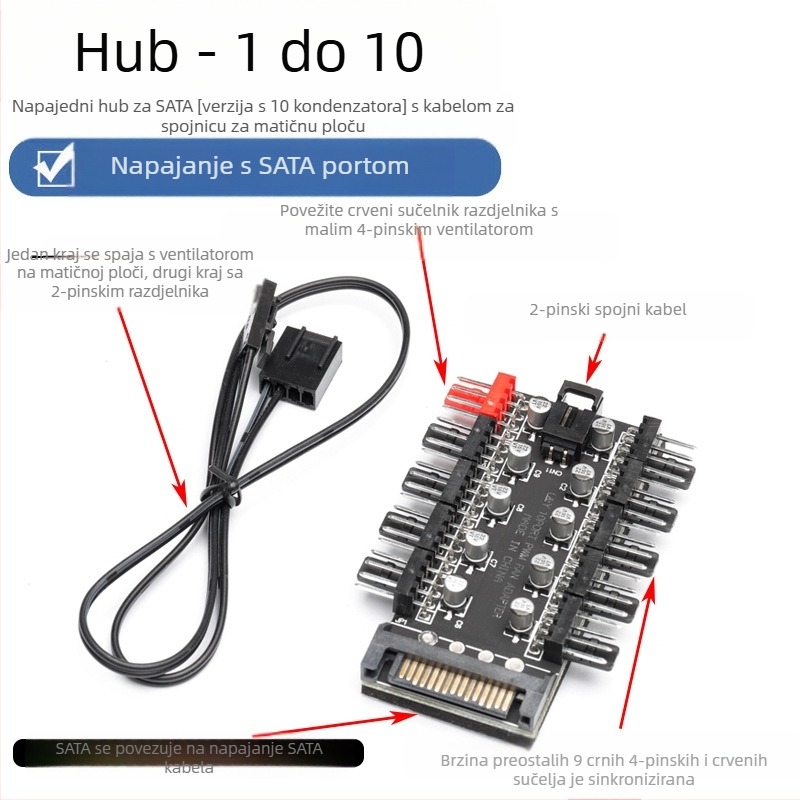 Fan hub, 10-kanalni inteligentni kontroler temperature, PWM 4-pin, SATA napajanje, OEM spreman