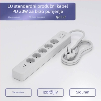 PD20 Dugi produžni kabel, 16A europski standard, dvostruki prekidač, njemačka utičnica, USB prekidač, zaštita od preopterećenja, 5V/3A