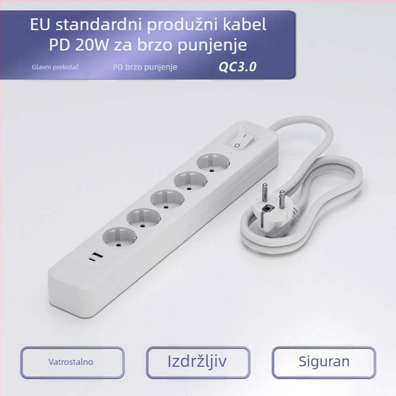 PD20 Dugi produžni kabel, 16A europski standard, dvostruki prekidač, njemačka utičnica, USB prekidač, zaštita od preopterećenja, 5V/3A