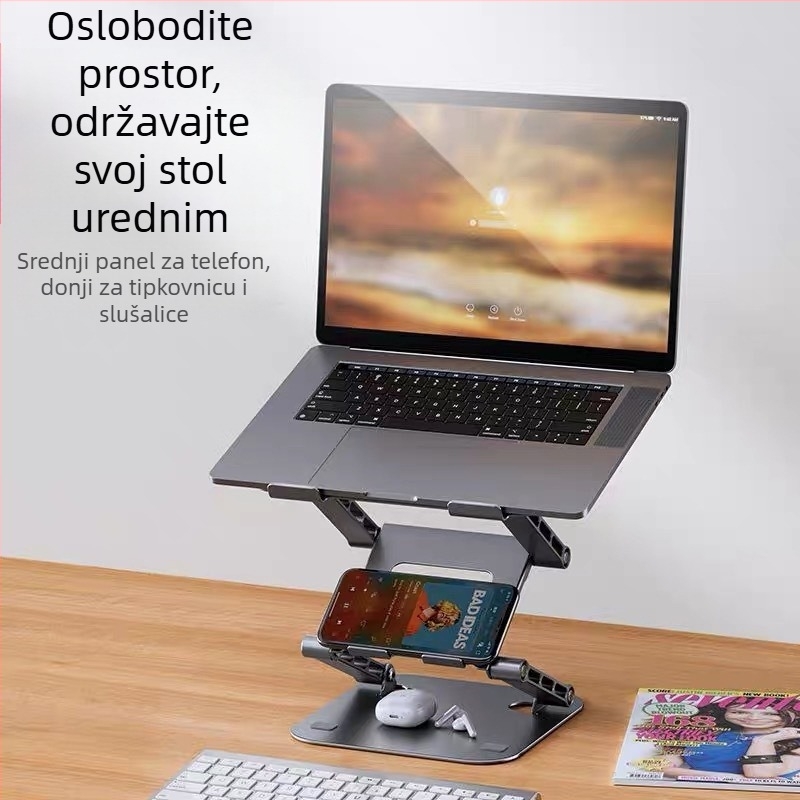 Stojak za laptop s tri razine prilagodljive visine, karbonsko čelika, stolni podizni dizajn, kompatibilan s laptopima do 15,6 inča, težina 1,5 kg