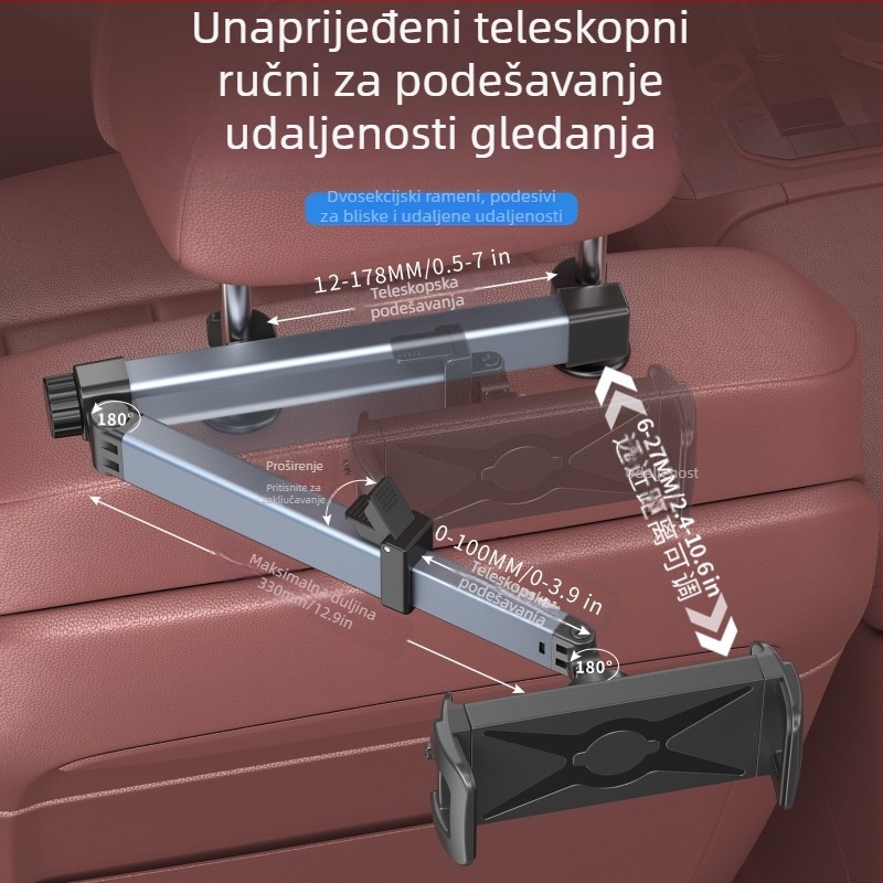 Držač za tablet za stražnji dio sjedalice automobila s teleskopskom produžnom šipkom, univerzalan za tablete i mobilne telefone