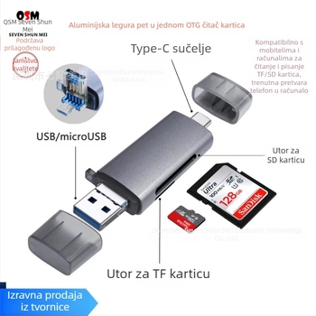 Pet u jednom OTG čitač kartica, aluminijska legura, SD/TF podrška, USB 2.0 Type-C/Mikro, 15 g
