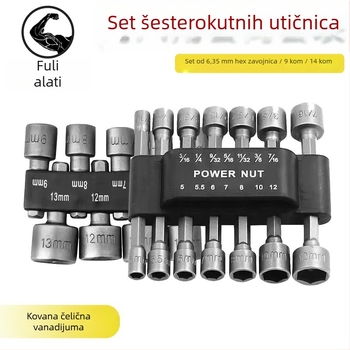 Set šestougaonih glava za bušilicu i odvijač, krom-vanadij čelik, premazana površina, tip: ključ s glavom