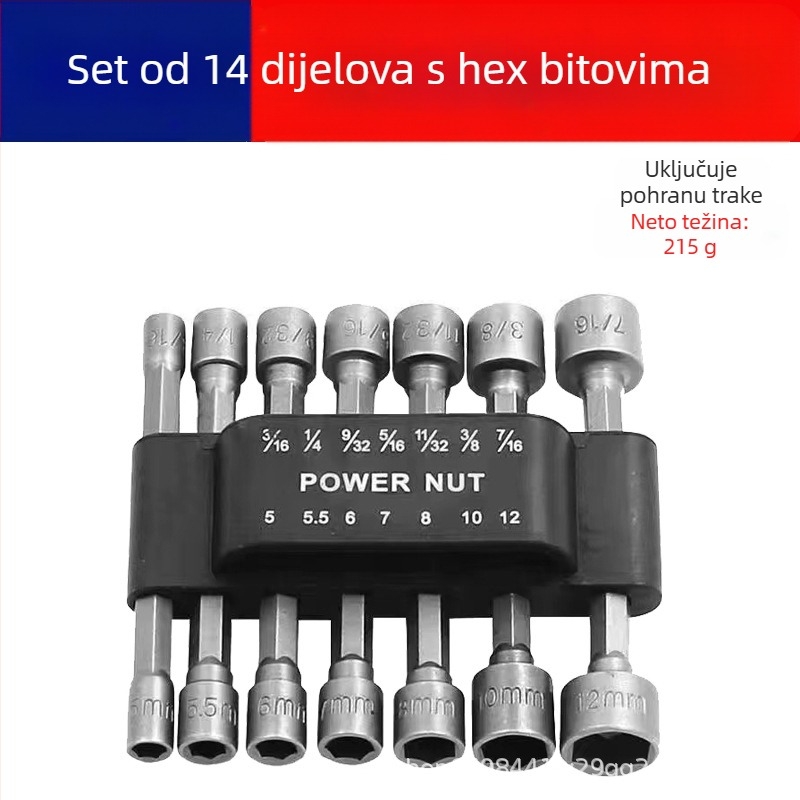 Set šestougaonih glava za bušilicu i odvijač, krom-vanadij čelik, premazana površina, tip: ključ s glavom