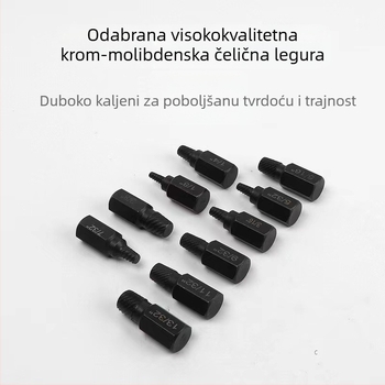 Set ekstraktora za vijak, 10-dijelni, od ugljičnog čelika, za uklanjanje slomljenih vijaka i vijaka šesterokutne glave