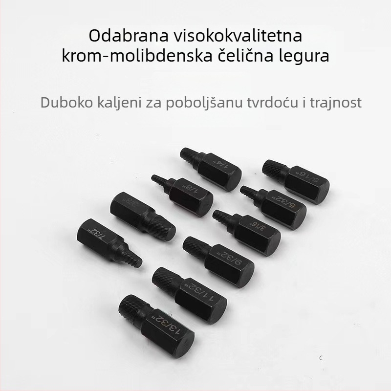 Set ekstraktora za vijak, 10-dijelni, od ugljičnog čelika, za uklanjanje slomljenih vijaka i vijaka šesterokutne glave