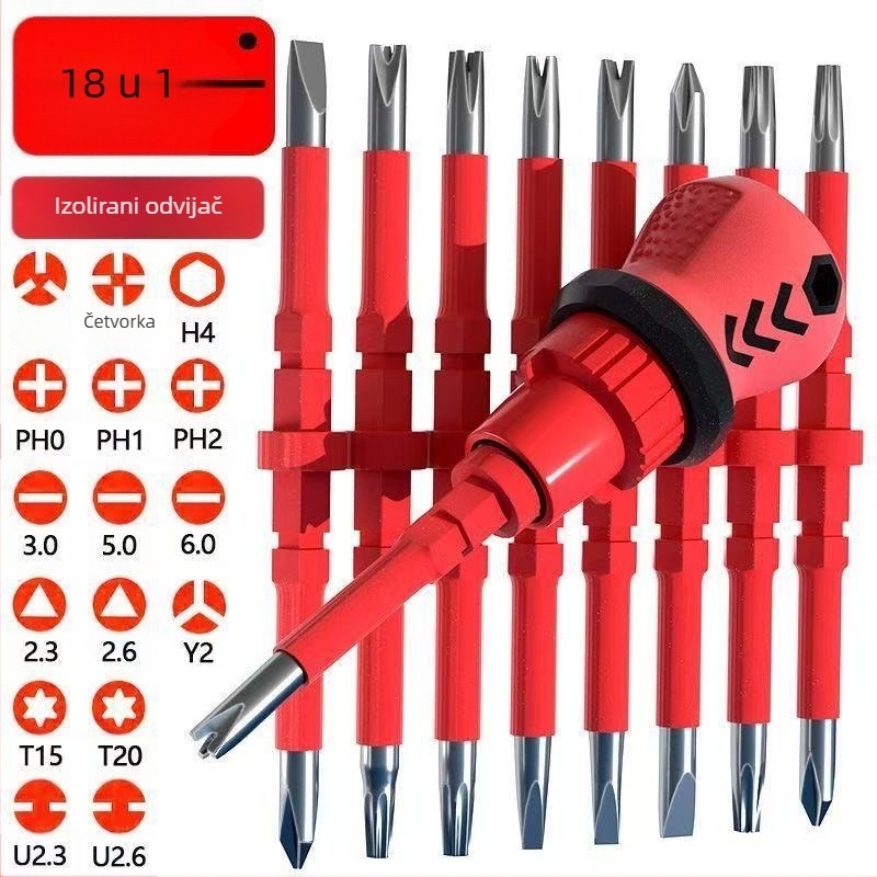 18-u-1 set odvijača s kliznim mehanizmom za električare, izolirani, S2 alatna čelik, plastična drška