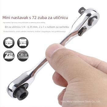 Mini ratchet ključ s 1/4 inčnim kvadratnim pogonom, dvostrani, kvadratna glava, krom-vanadijska čelika, sjajna kromirana prevleka