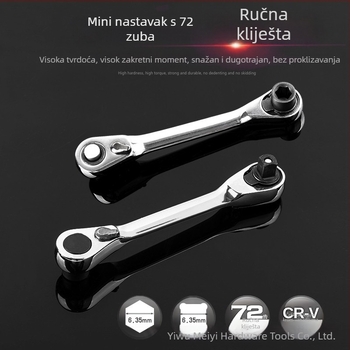 Mini ratchet ključ s 1/4 inčnim kvadratnim pogonom, dvostrani, kvadratna glava, krom-vanadijska čelika, sjajna kromirana prevleka