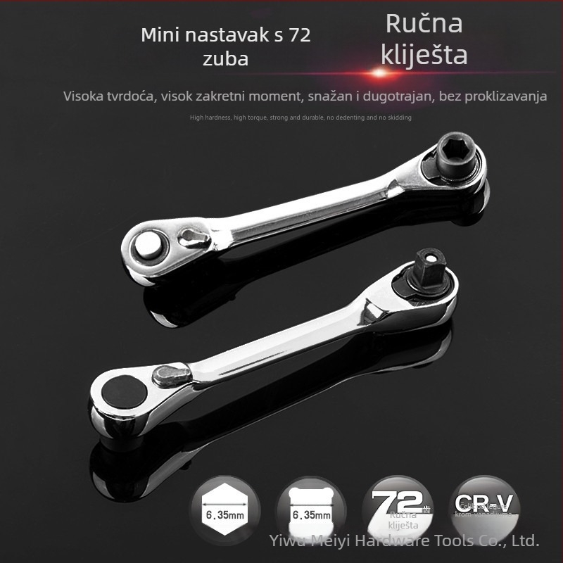 Mini ratchet ključ s 1/4 inčnim kvadratnim pogonom, dvostrani, kvadratna glava, krom-vanadijska čelika, sjajna kromirana prevleka