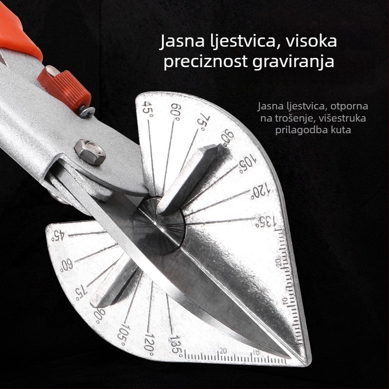 Višenamjenske kutne škare – 45° pravi kut, utor za brtvljenje ruba, duljina oštrice 80 mm, širina 75 mm, debljina 1 mm