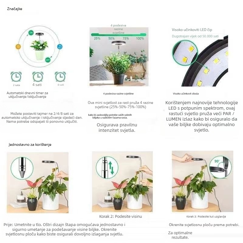LED izvlačna lampica za rast biljaka s punim spektrom i tajmerom 3500K svjetlo, 20 LED dioda, ulaz 5V, vijek trajanja 20000 h, model CCB-231204