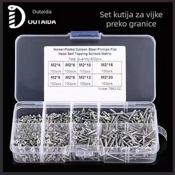 Outaida set samoreznih vijaka – 800 komada, konusna glava, niklirane, čelik Q235, GB846