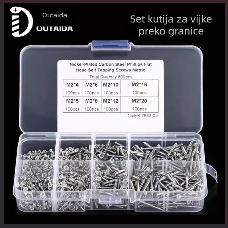 Outaida set samoreznih vijaka – 800 komada, konusna glava, niklirane, čelik Q235, GB846