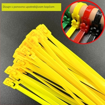 Nylon kabelska stezaljka s uklonjivim kopčom — industrijske klase, višekratna uporaba; materijal: najlon; debljina 0.45 mm; širina 3.6–4.8 mm; prilagodba obrade; licencirana privatna oznaka