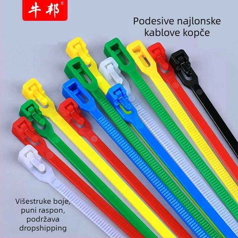Nylon kabelska stezaljka s uklonjivim kopčom — industrijske klase, višekratna uporaba; materijal: najlon; debljina 0.45 mm; širina 3.6–4.8 mm; prilagodba obrade; licencirana privatna oznaka