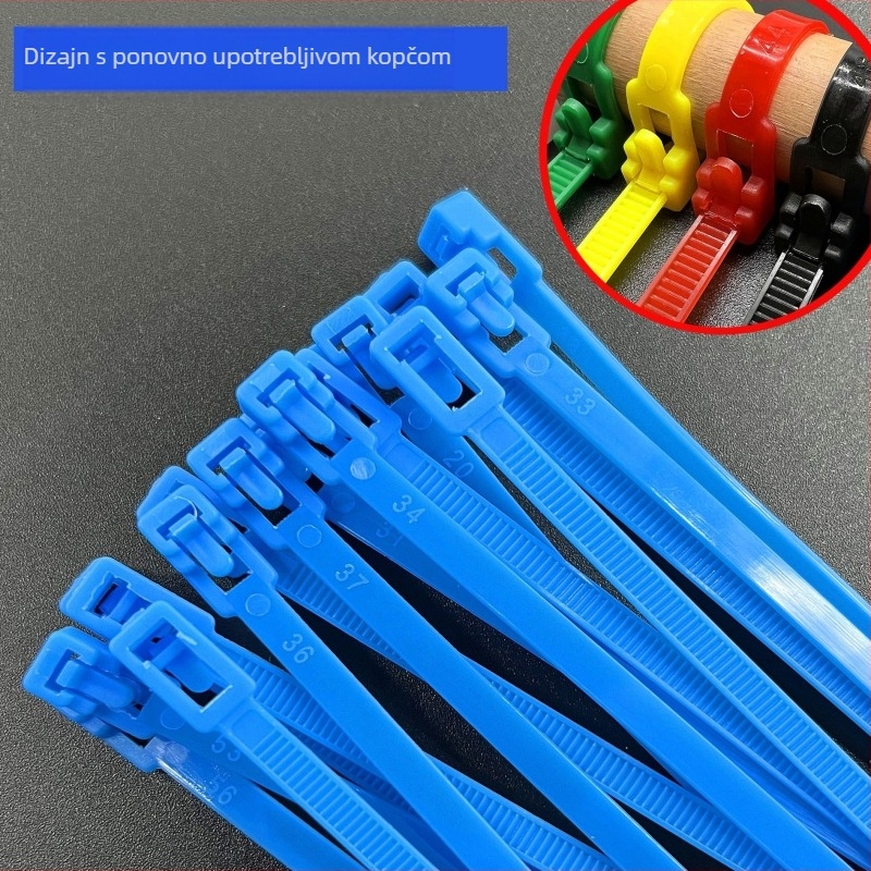 Nylon kabelska stezaljka s uklonjivim kopčom — industrijske klase, višekratna uporaba; materijal: najlon; debljina 0.45 mm; širina 3.6–4.8 mm; prilagodba obrade; licencirana privatna oznaka