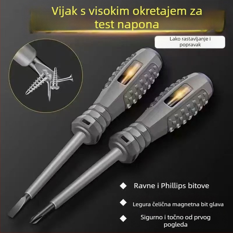 Električni tester za žive vodove s gumiranom drškom, LED indikator, visok okretni moment detekcije, magnetski bit s ravnom glavom