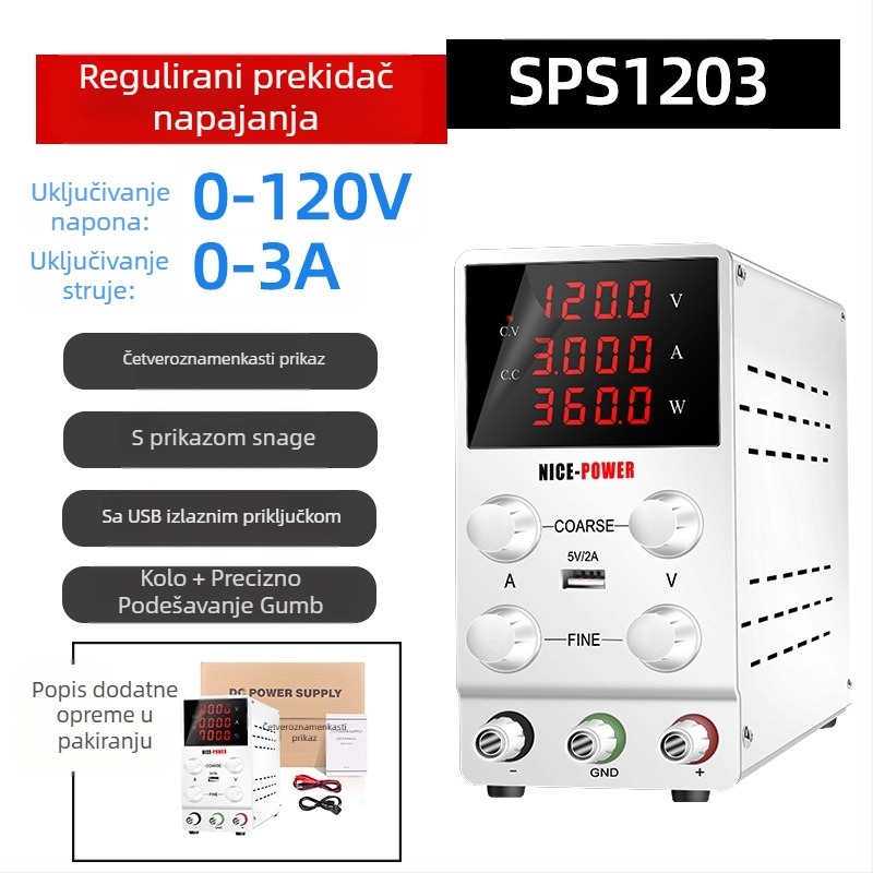 SPS1203 Visokonaponski DC regulirani izvor napajanja, 120 V, 3 A, 360 W, za elektroplatiranje i elektrolizu, s podešivim visokim naponom