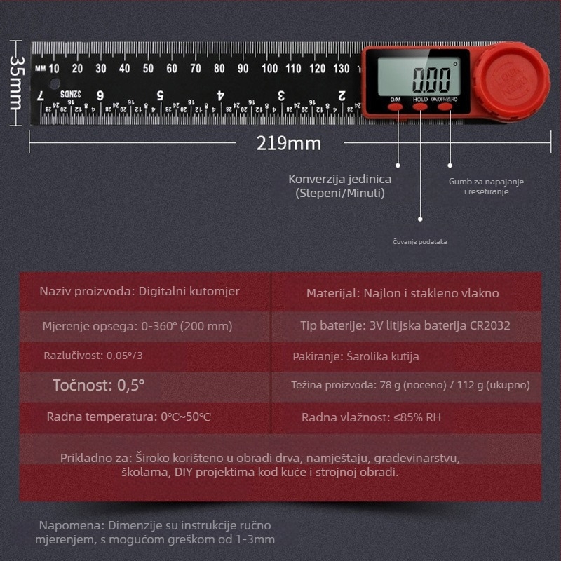 2-in-1 Digital Angle Ruler with Protractor and Vernier Caliper