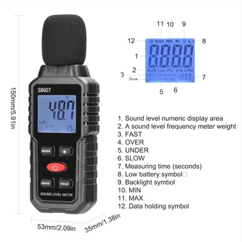 S8607 digitalni mjerač buke – raspon 30–130 dB, točnost ±1,5%, rezolucija 0,1, radna temperatura 0–40°C