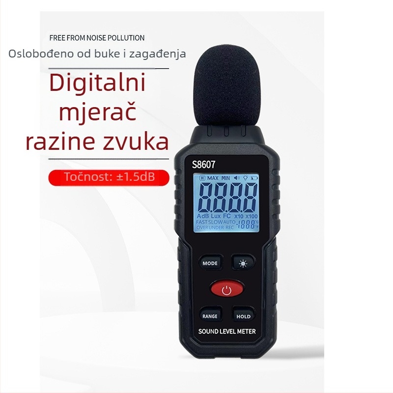 S8607 digitalni mjerač buke – raspon 30–130 dB, točnost ±1,5%, rezolucija 0,1, radna temperatura 0–40°C