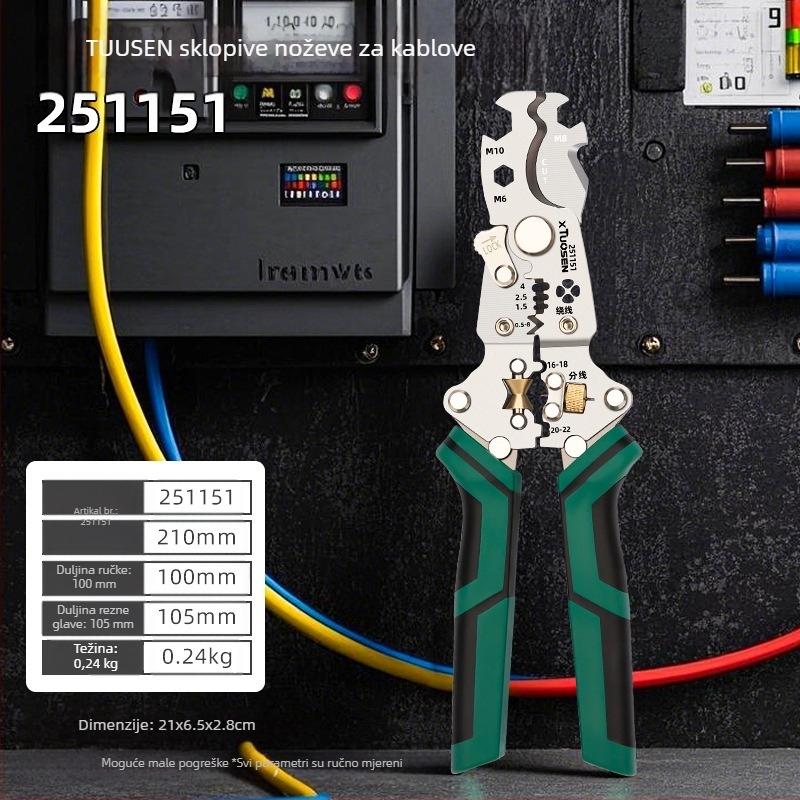 Tuosen sklopivi alat za skidanje izolacije s vodiča – svestrane klešta za skidanje izolacije, kabelski rezač, model 251151, težina 0.24 kg