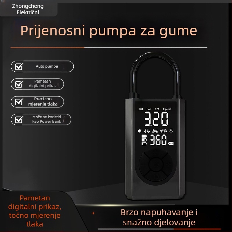 Prijenosna ručna metalna pumpa za zrak s digitalnim zaslonom i tlakomjerom tlaka u gumama, protok zraka 70 L/min, snaga do 80 W