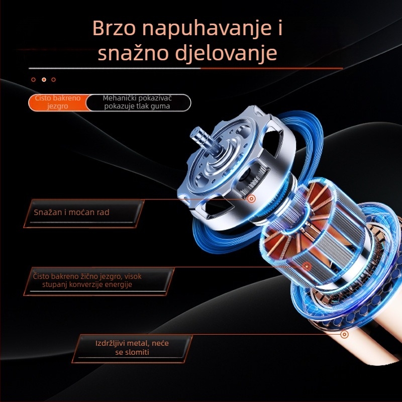 Prijenosna ručna metalna pumpa za zrak s digitalnim zaslonom i tlakomjerom tlaka u gumama, protok zraka 70 L/min, snaga do 80 W