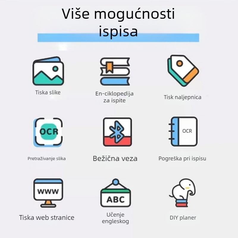 Prenosni Bluetooth termični pisač za bar kodove — format naljepnice 57×30 mm, termalni papir, ugrađena 1200mAh baterija, podržano mrežno ispisivanje