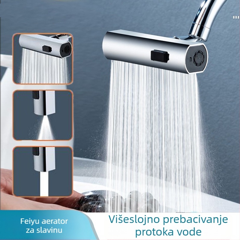Kuhinjska slavina s zaštitom od prskanja, univerzalna okretna mlaznica, tri načina protoka, produžena glava, tijelo od bakra/plastike, elektroplatirani završetak