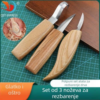 3-dijelni set alata za drvorezbarstvo: nož za rezbarenje, nož za žlicu i škrabac – ručno izrađeni uzorci