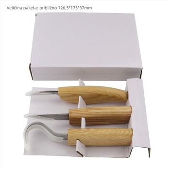 3-dijelni set alata za drvorezbarstvo: nož za rezbarenje, nož za žlicu i škrabac – ručno izrađeni uzorci