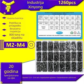 1260 komada karbonskog čelika s crnim premazom DIN 912 Cup Head Hex Socket Head Cap Screws, klasa 12.9, set s maticama i plosnatim podloškama