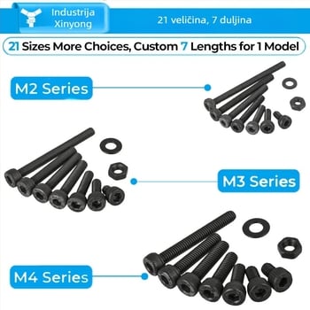 1260 komada karbonskog čelika s crnim premazom DIN 912 Cup Head Hex Socket Head Cap Screws, klasa 12.9, set s maticama i plosnatim podloškama