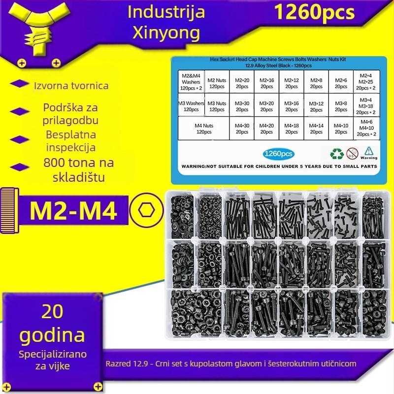1260 komada karbonskog čelika s crnim premazom DIN 912 Cup Head Hex Socket Head Cap Screws, klasa 12.9, set s maticama i plosnatim podloškama