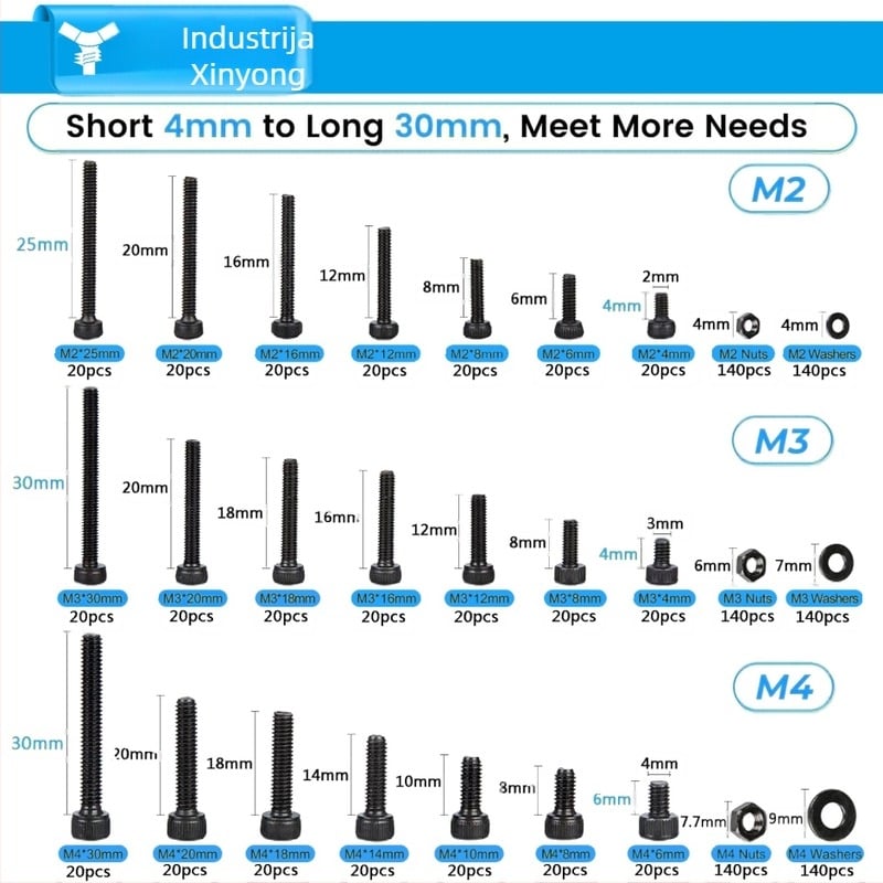 1260 komada karbonskog čelika s crnim premazom DIN 912 Cup Head Hex Socket Head Cap Screws, klasa 12.9, set s maticama i plosnatim podloškama